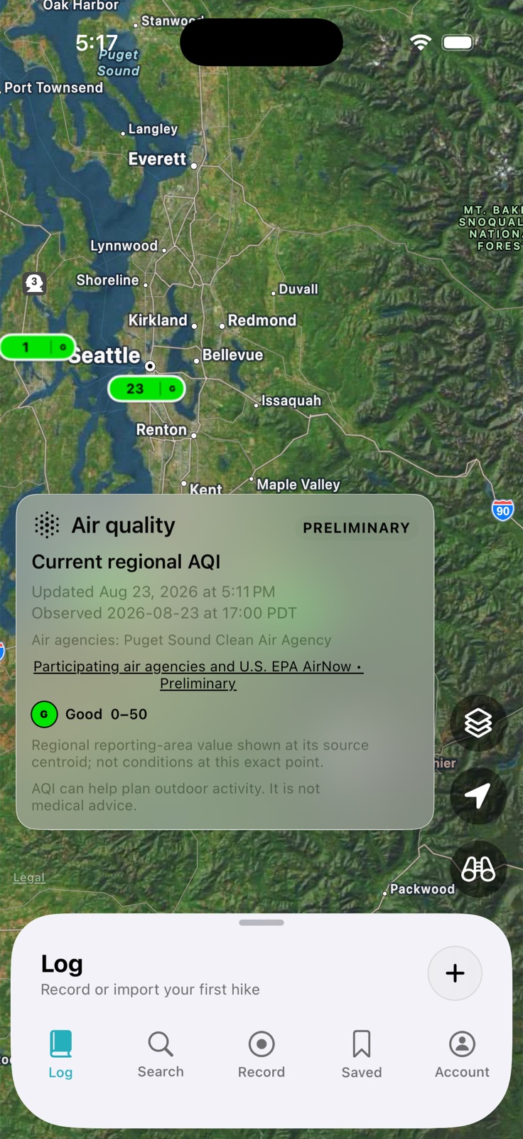 Peaks for iPhone showing the Puget Sound map and regional air quality